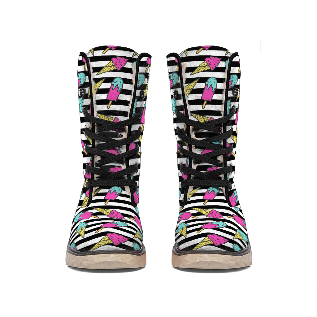 Black Striped Ice Cream Pattern Print Winter Boots