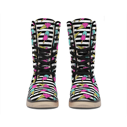 Black Striped Ice Cream Pattern Print Winter Boots