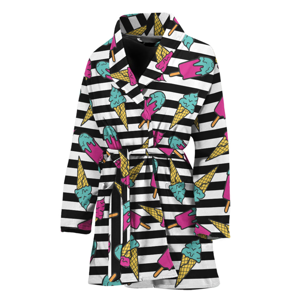 Black Striped Ice Cream Pattern Print Women's Bathrobe