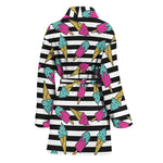 Black Striped Ice Cream Pattern Print Women's Bathrobe