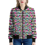Black Striped Ice Cream Pattern Print Women's Bomber Jacket