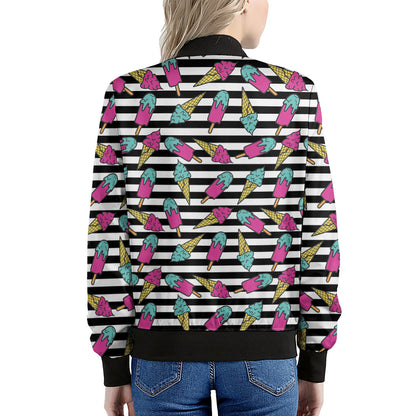 Black Striped Ice Cream Pattern Print Women's Bomber Jacket