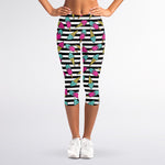 Black Striped Ice Cream Pattern Print Women's Capri Leggings