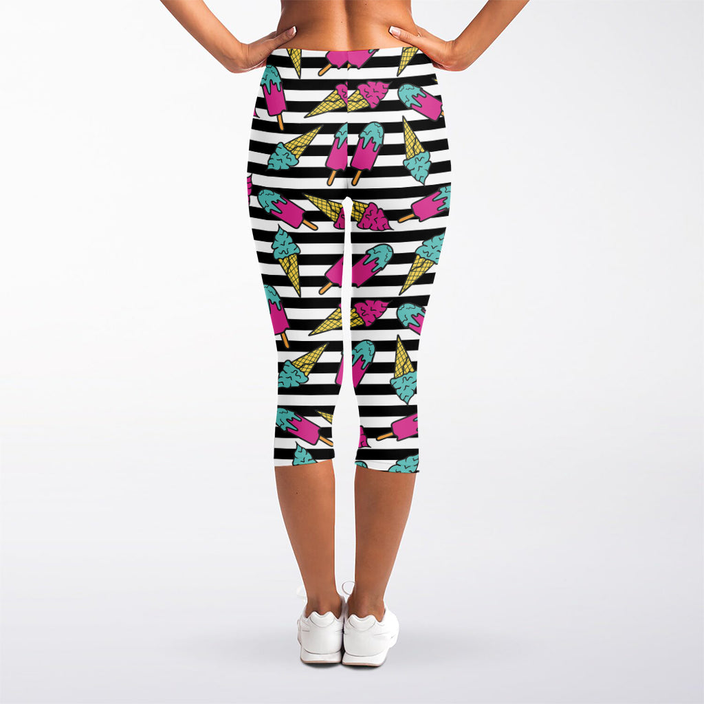 Black Striped Ice Cream Pattern Print Women's Capri Leggings