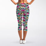 Black Striped Ice Cream Pattern Print Women's Capri Leggings