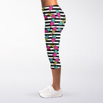 Black Striped Ice Cream Pattern Print Women's Capri Leggings