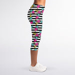 Black Striped Ice Cream Pattern Print Women's Capri Leggings