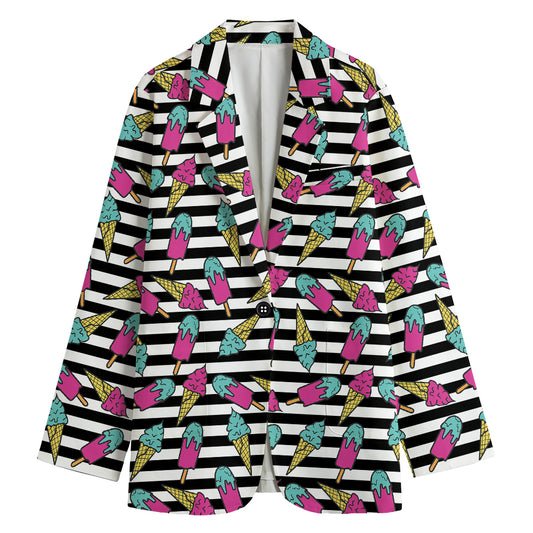 Black Striped Ice Cream Pattern Print Women's Cotton Blazer