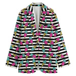 Black Striped Ice Cream Pattern Print Women's Cotton Blazer