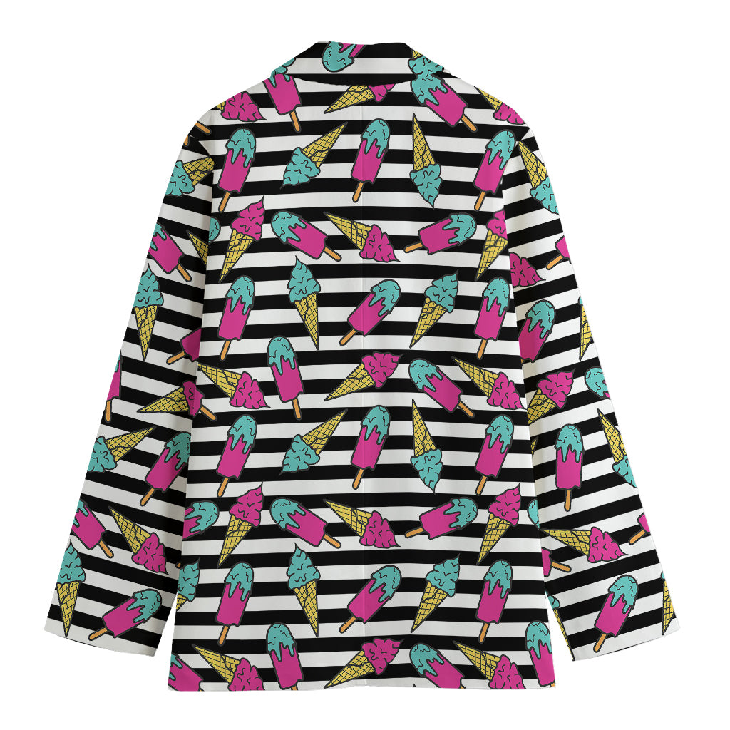 Black Striped Ice Cream Pattern Print Women's Cotton Blazer