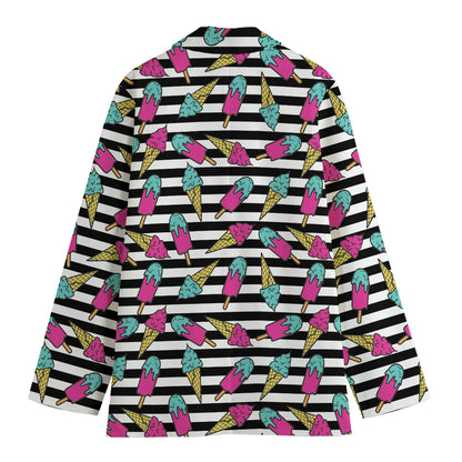 Black Striped Ice Cream Pattern Print Women's Cotton Blazer