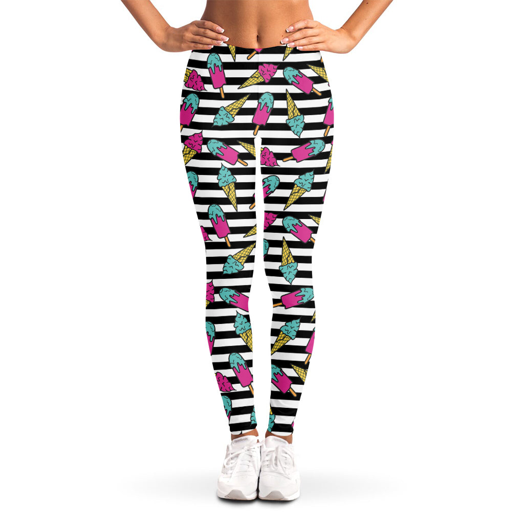 Black Striped Ice Cream Pattern Print Women's Leggings