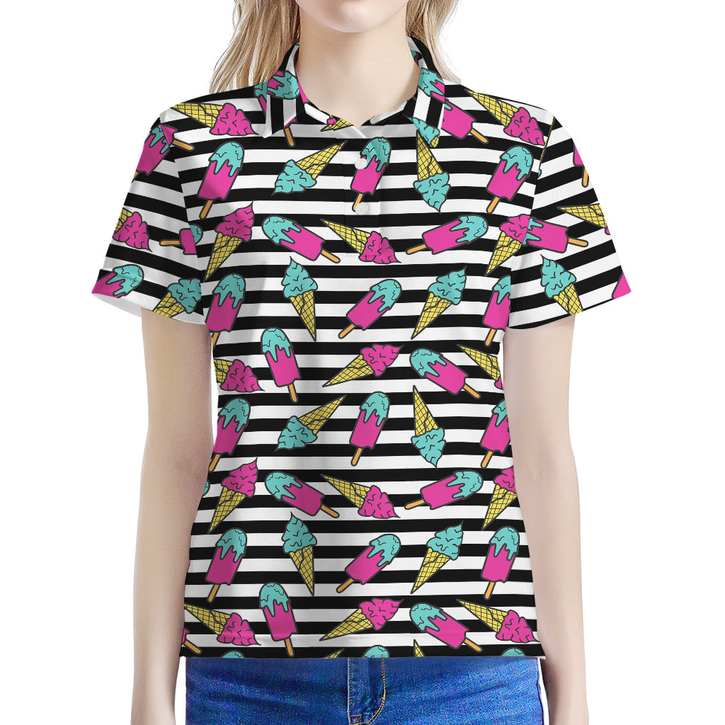 Black Striped Ice Cream Pattern Print Women's Polo Shirt