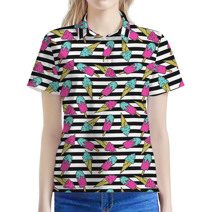 Black Striped Ice Cream Pattern Print Women's Polo Shirt