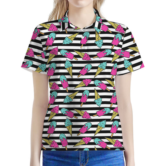Black Striped Ice Cream Pattern Print Women's Polo Shirt