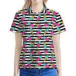 Black Striped Ice Cream Pattern Print Women's Polo Shirt