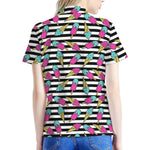 Black Striped Ice Cream Pattern Print Women's Polo Shirt
