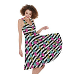Black Striped Ice Cream Pattern Print Women's Sleeveless Dress