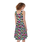 Black Striped Ice Cream Pattern Print Women's Sleeveless Dress