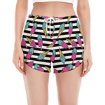 Black Striped Ice Cream Pattern Print Women's Split Running Shorts