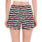 Black Striped Ice Cream Pattern Print Women's Split Running Shorts