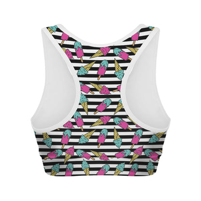 Black Striped Ice Cream Pattern Print Women's Sports Bra