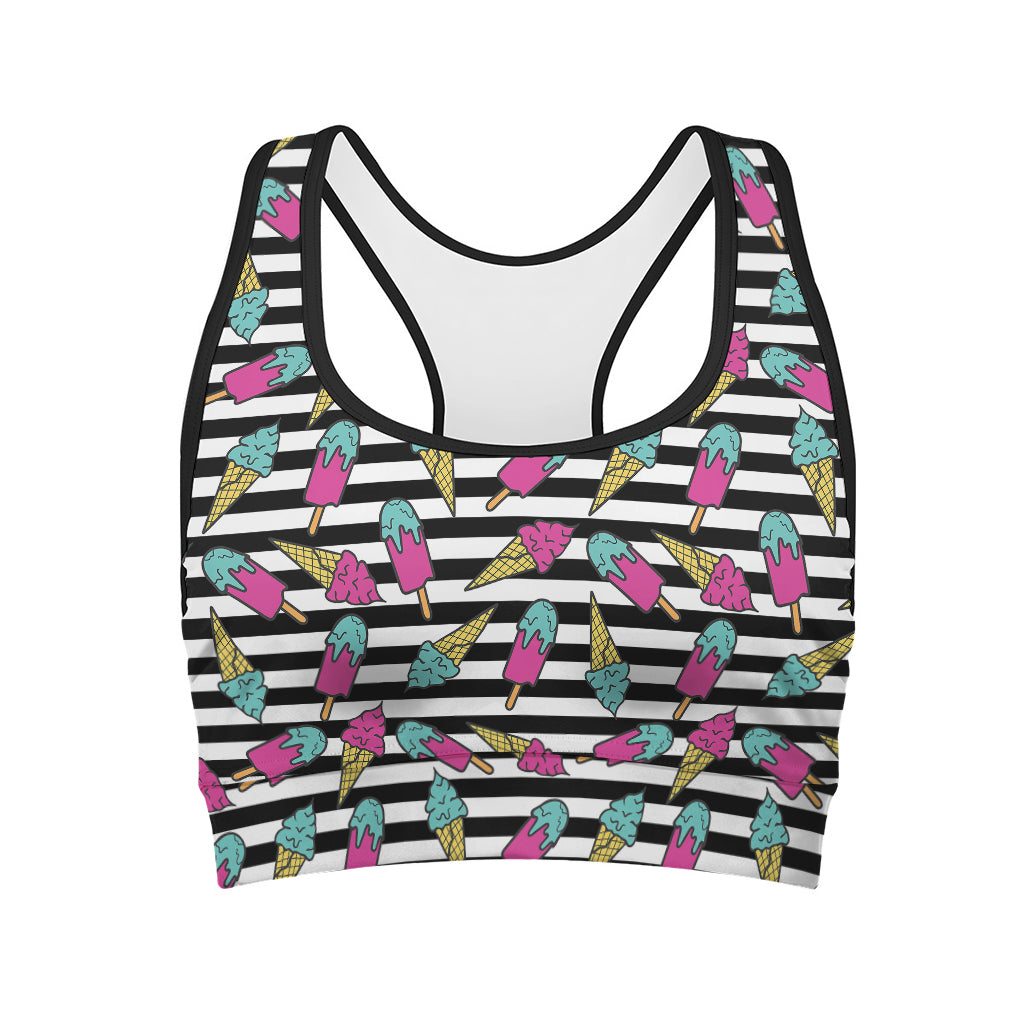Black Striped Ice Cream Pattern Print Women's Sports Bra