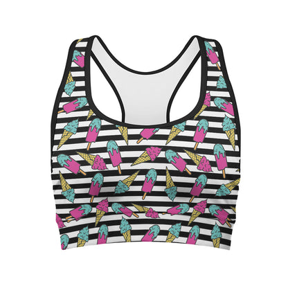 Black Striped Ice Cream Pattern Print Women's Sports Bra