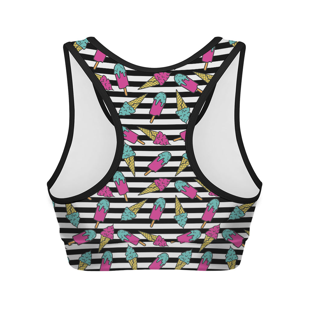 Black Striped Ice Cream Pattern Print Women's Sports Bra