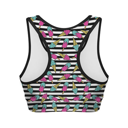 Black Striped Ice Cream Pattern Print Women's Sports Bra