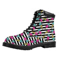Black Striped Ice Cream Pattern Print Padded Collar Lace Up Boots