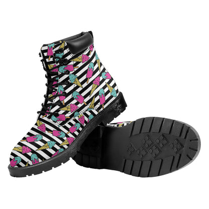 Black Striped Ice Cream Pattern Print Work Boots