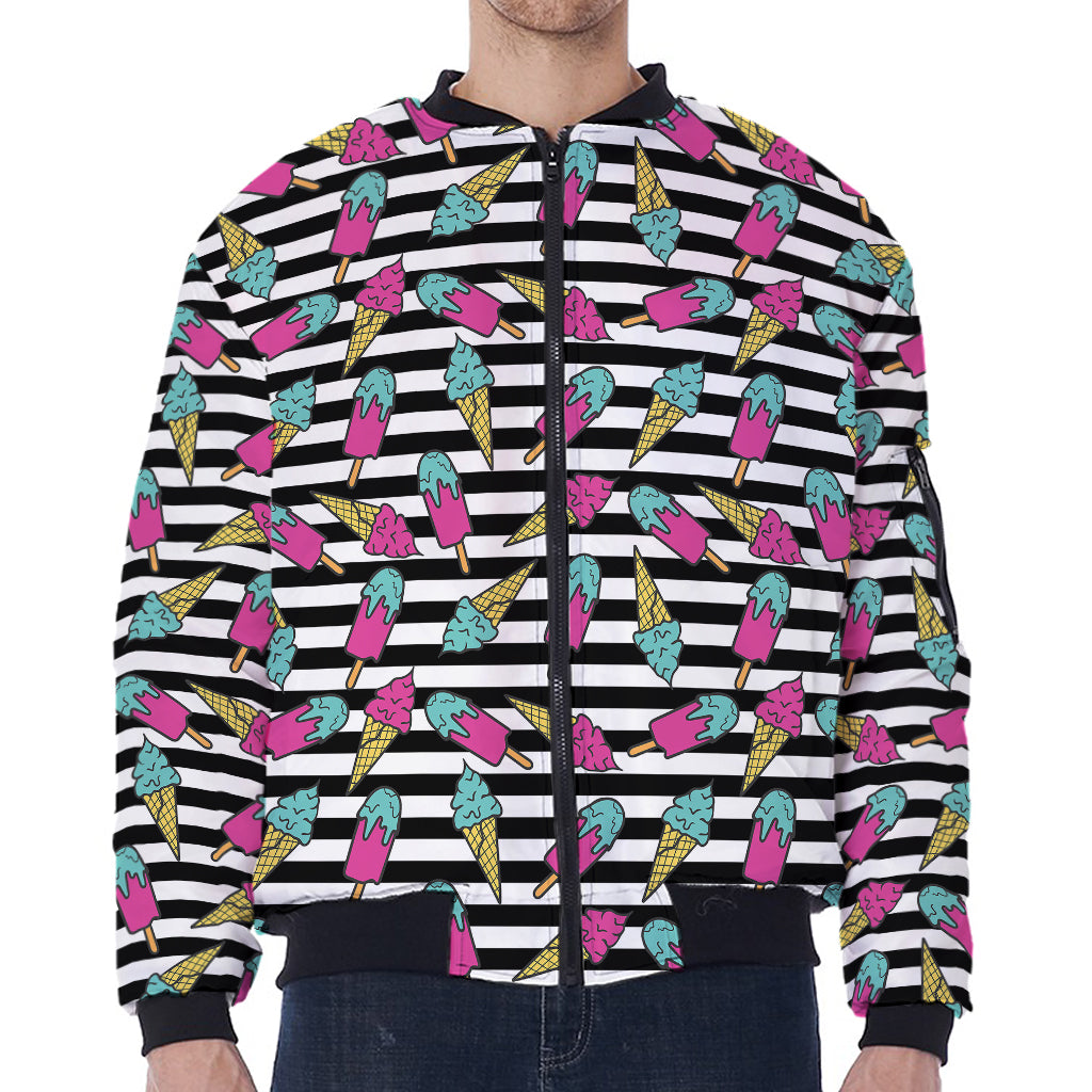 Black Striped Ice Cream Pattern Print Zip Sleeve Bomber Jacket