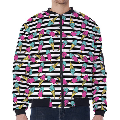 Black Striped Ice Cream Pattern Print Zip Sleeve Bomber Jacket