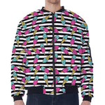 Black Striped Ice Cream Pattern Print Zip Sleeve Bomber Jacket