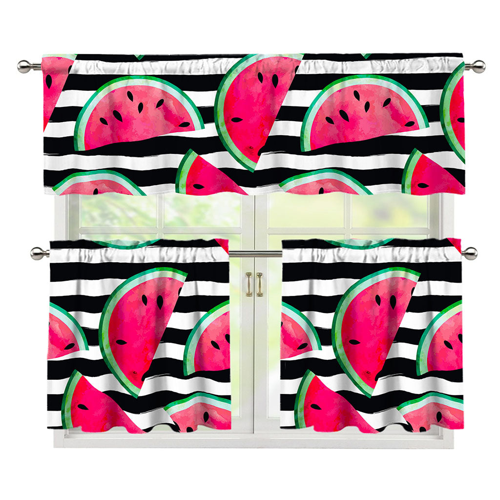 Black Striped Watermelon Pattern Print 3 Piece Kitchen Curtains