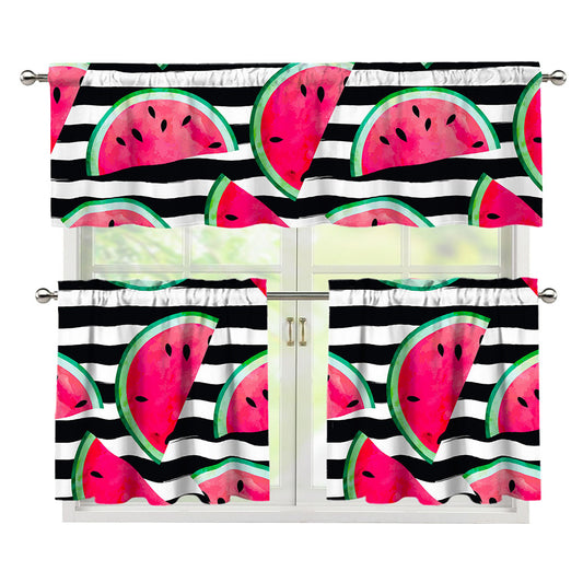 Black Striped Watermelon Pattern Print 3 Piece Kitchen Curtains