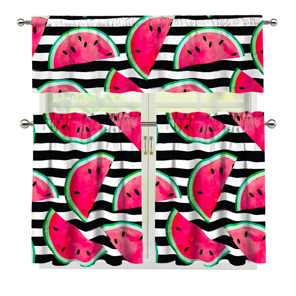 Black Striped Watermelon Pattern Print 3 Piece Kitchen Curtains