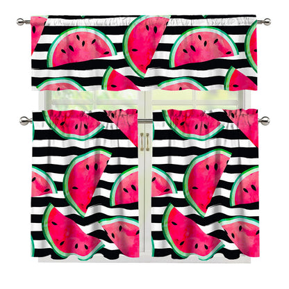 Black Striped Watermelon Pattern Print 3 Piece Kitchen Curtains