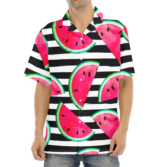 Black Striped Watermelon Pattern Print Aloha Shirt