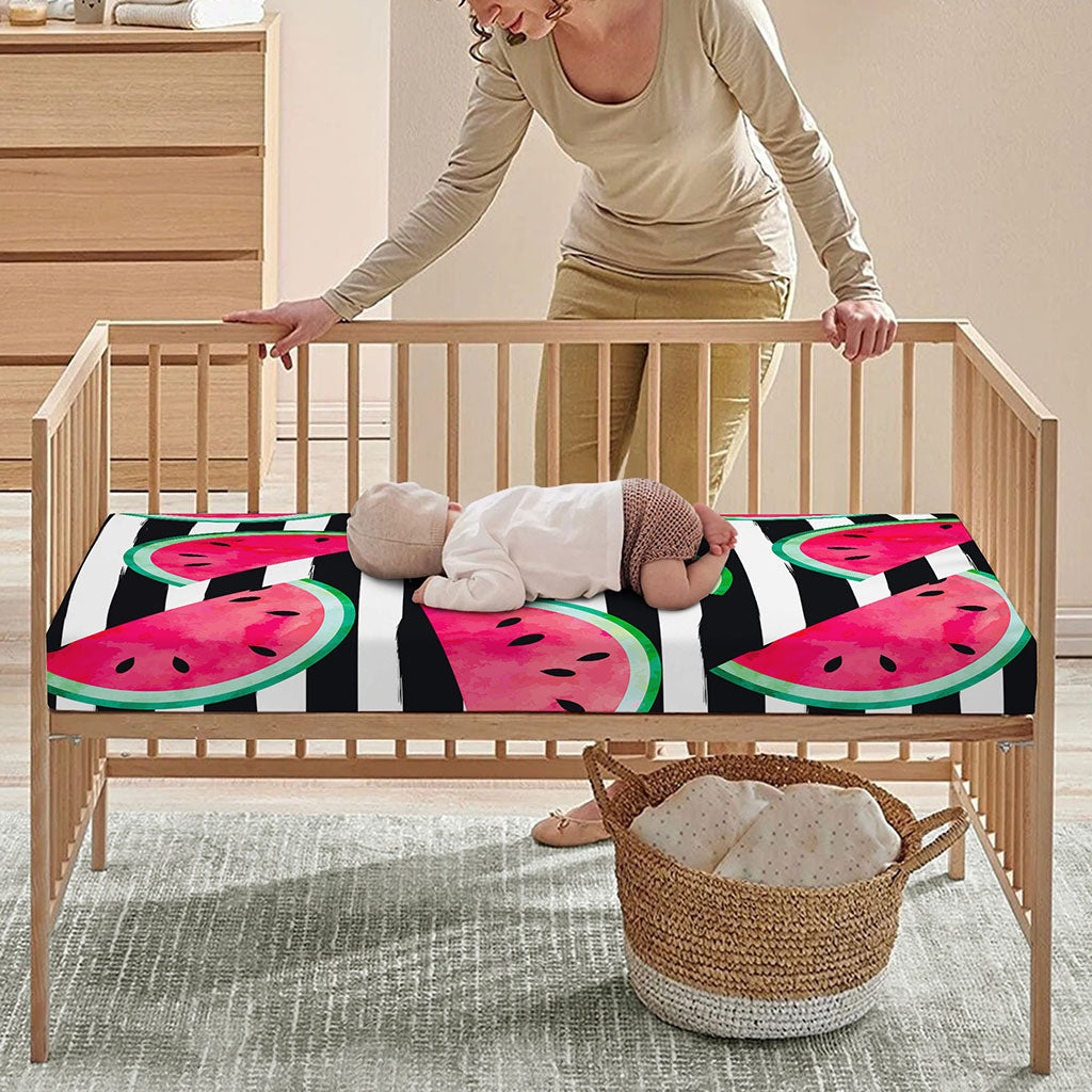 Black Striped Watermelon Pattern Print Baby Crib Sheet