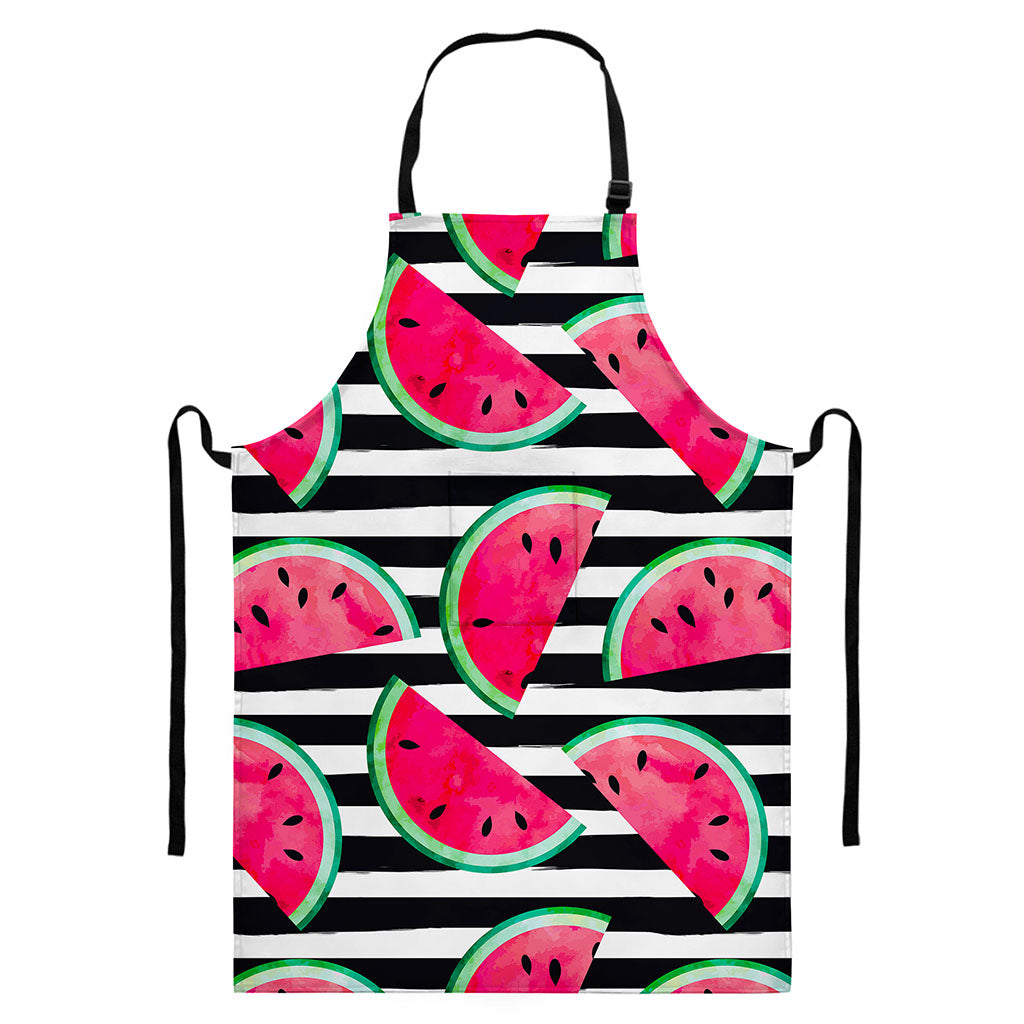 Black Striped Watermelon Pattern Print Bib Apron With Pocket