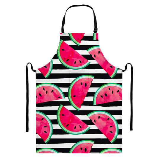 Black Striped Watermelon Pattern Print Bib Apron With Pocket