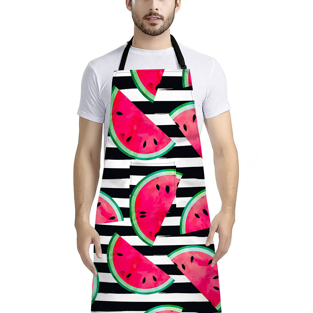 Black Striped Watermelon Pattern Print Bib Apron With Pocket