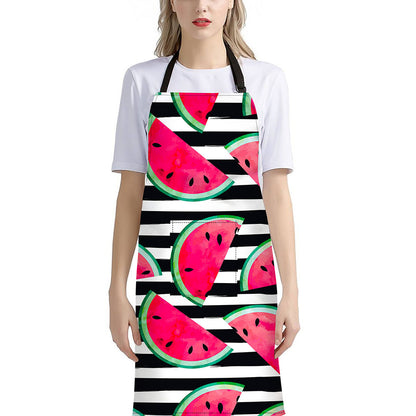 Black Striped Watermelon Pattern Print Bib Apron With Pocket