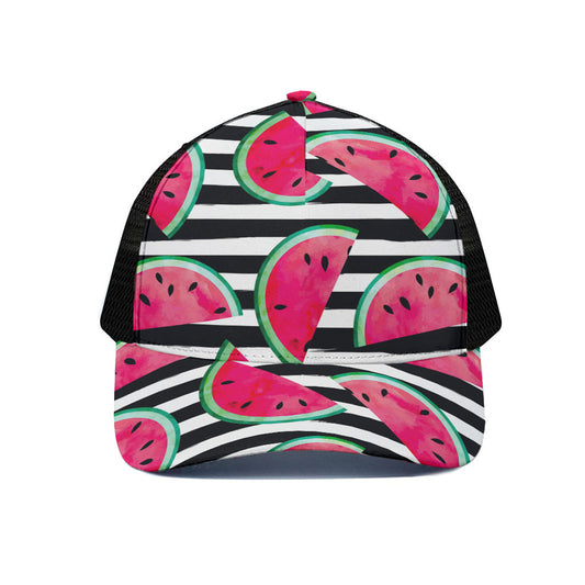 Black Striped Watermelon Pattern Print Black Mesh Trucker Cap