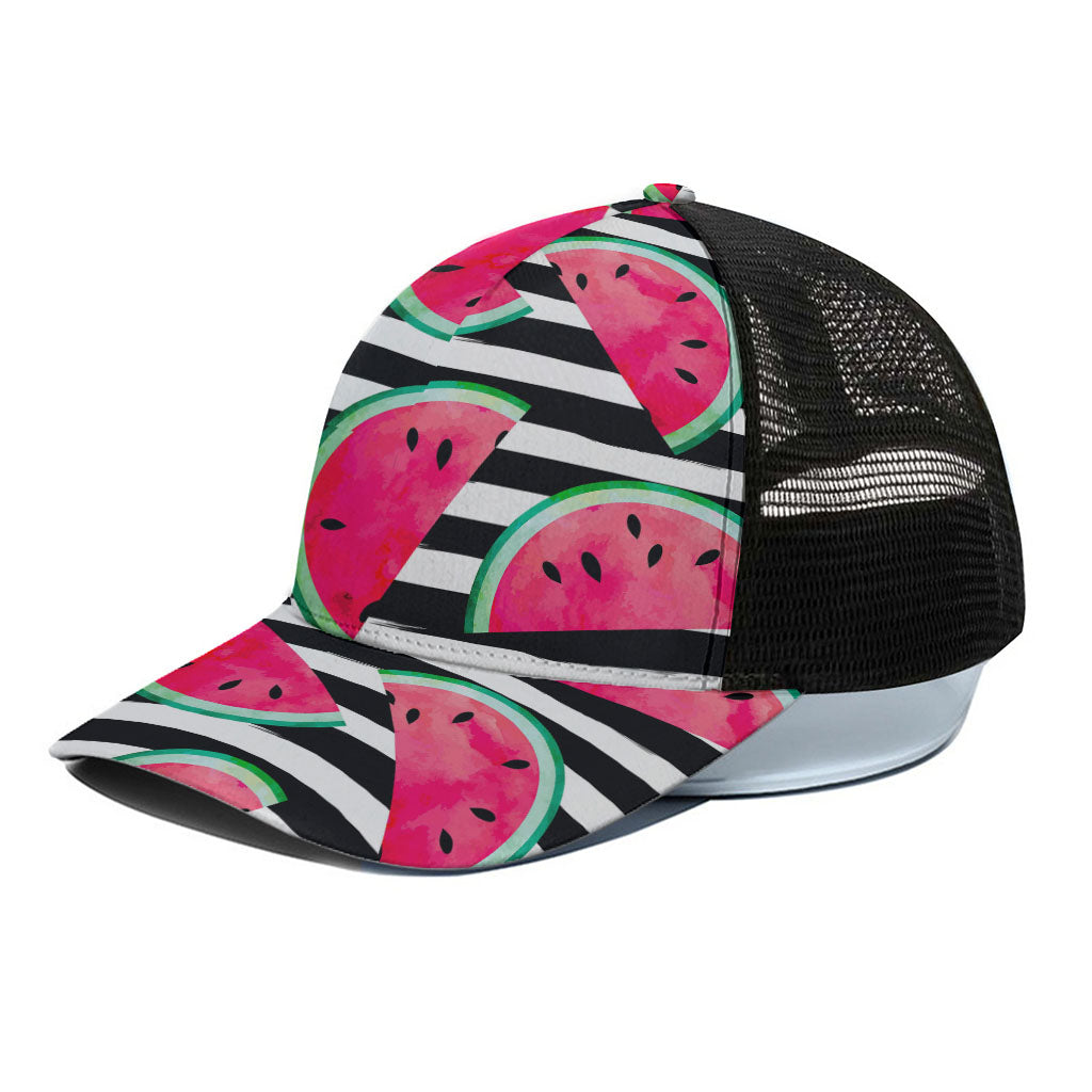 Black Striped Watermelon Pattern Print Black Mesh Trucker Cap