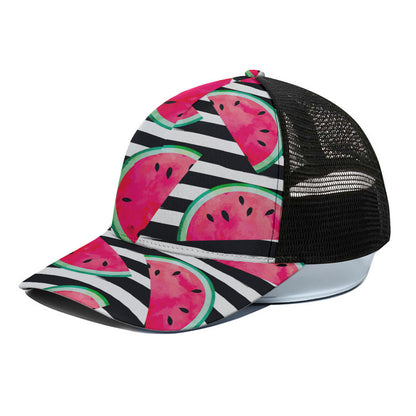 Black Striped Watermelon Pattern Print Black Mesh Trucker Cap