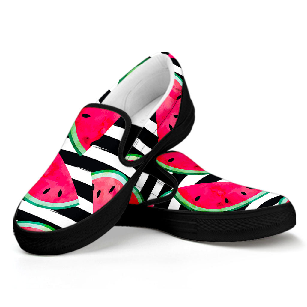 Black Striped Watermelon Pattern Print Black Slip On Sneakers