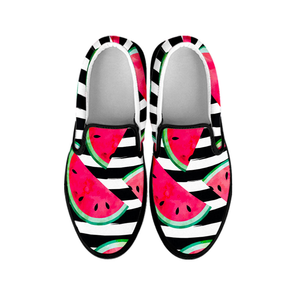 Black Striped Watermelon Pattern Print Black Slip On Sneakers